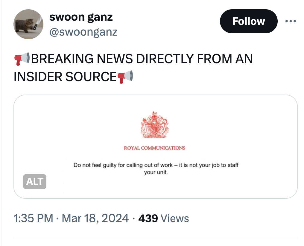 screenshot - swoon ganz Breaking News Directly From An Insider Sourcet Alt Royal Communications Do not feel guilty for calling out of work it is not your job to staff your unit. 439 Views